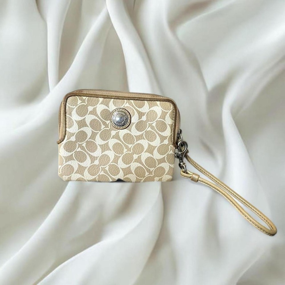 Coach signature monogram light khaki white wristlet purple interior y2k vintage